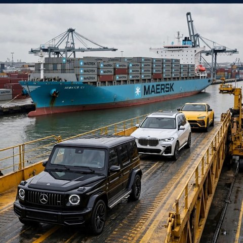 Vehicles on a loading ramp beside a Maersk container ship at a shipping port