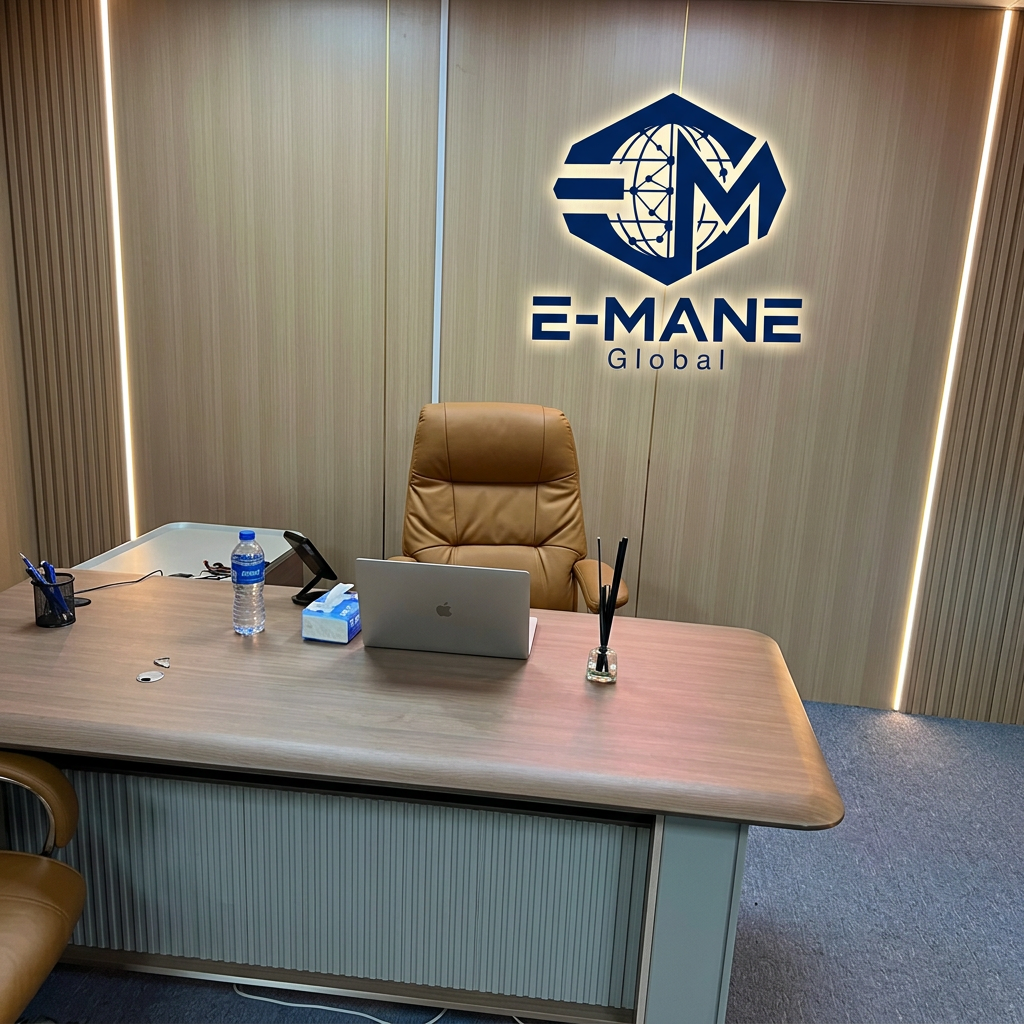 E-MANE GLOBAL China office with executive desk and illuminated company emblem