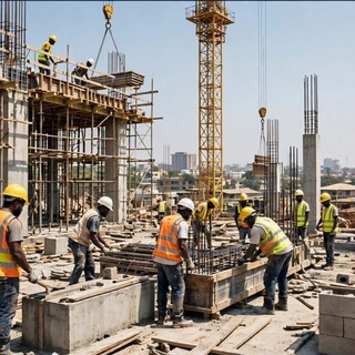 Construction workers in safety vests on a building site with a tower crane