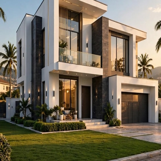 Modern white and stone two-storey home with a landscaped lawn