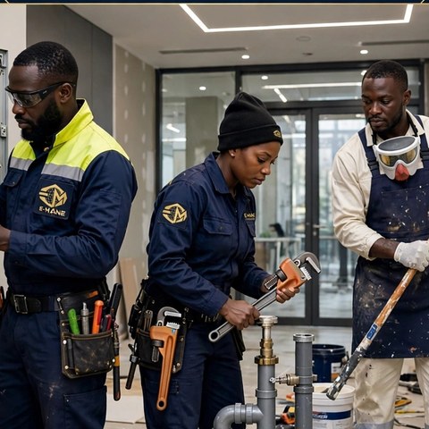 Maintenance technicians working on an electrical panel, plumbing and a painted wall