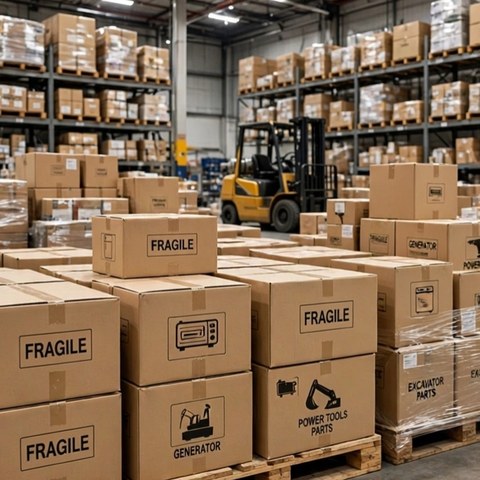 Warehouse interior with stacked boxes of appliances and machinery and a yellow forklift