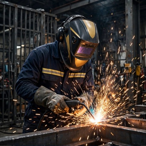 Welder in a navy jumpsuit and gold helmet welding a steel frame amid flying sparks